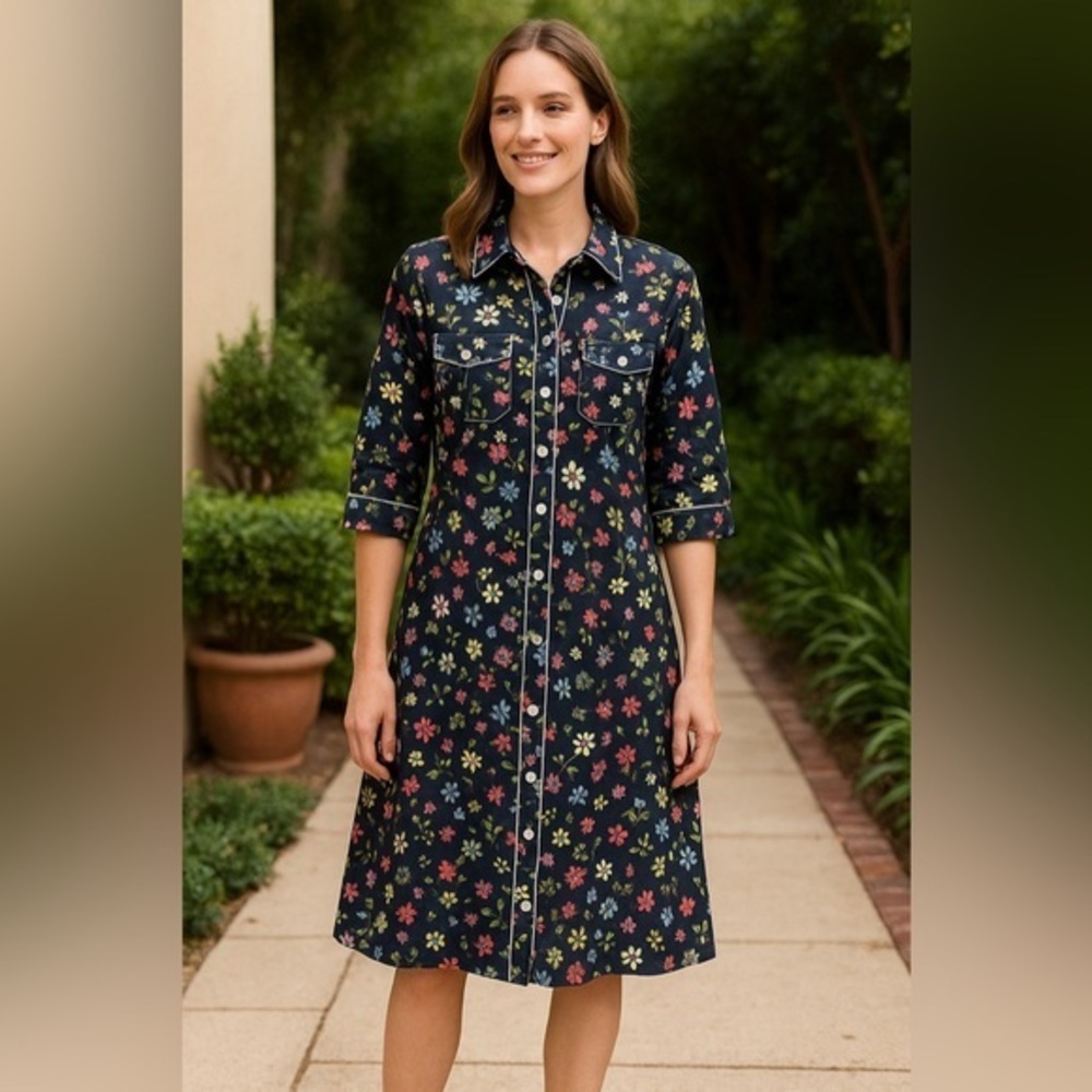 Hayden LA Boutique Navy Floral Button Front Shirt Dress Elbow Sleeve NWT S #1368